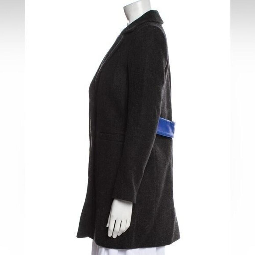 MAJE Virgin Wool Cashmere Coat with Leather Waist Trim Charcoal Blue Leather 4 - Picture 2 of 3